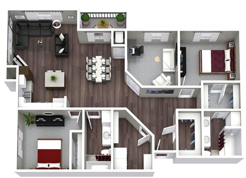 A 3D floor plan of a small apartment with a kitchen, living room, and bedroom.